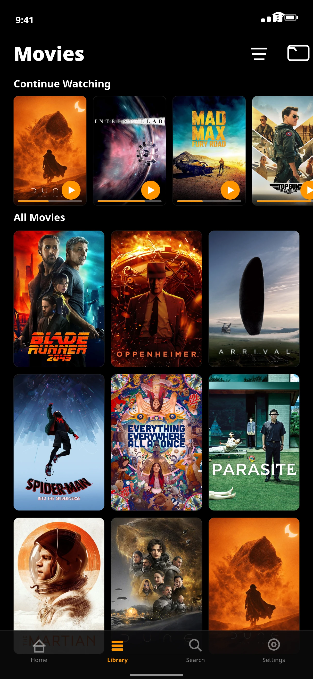 Crucible — Movie library with Continue Watching and a poster grid