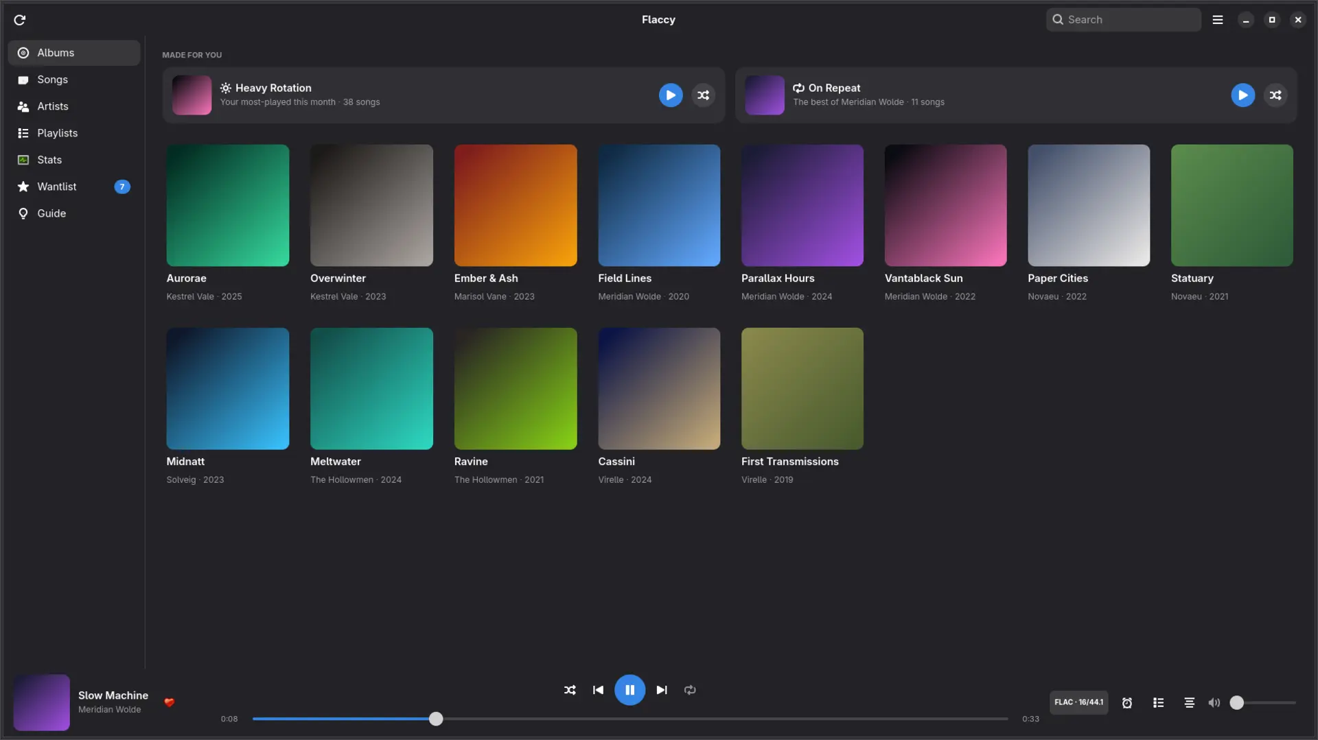 Flaccy — Your library with Made For You playlists — gapless playback always running.