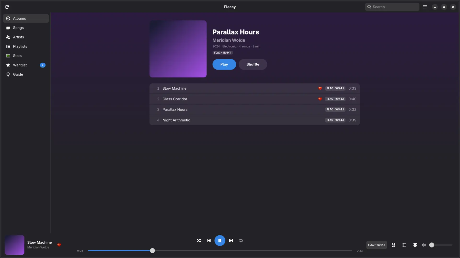 Flaccy — Album pages enriched with year, genre, and quality badges automatically.