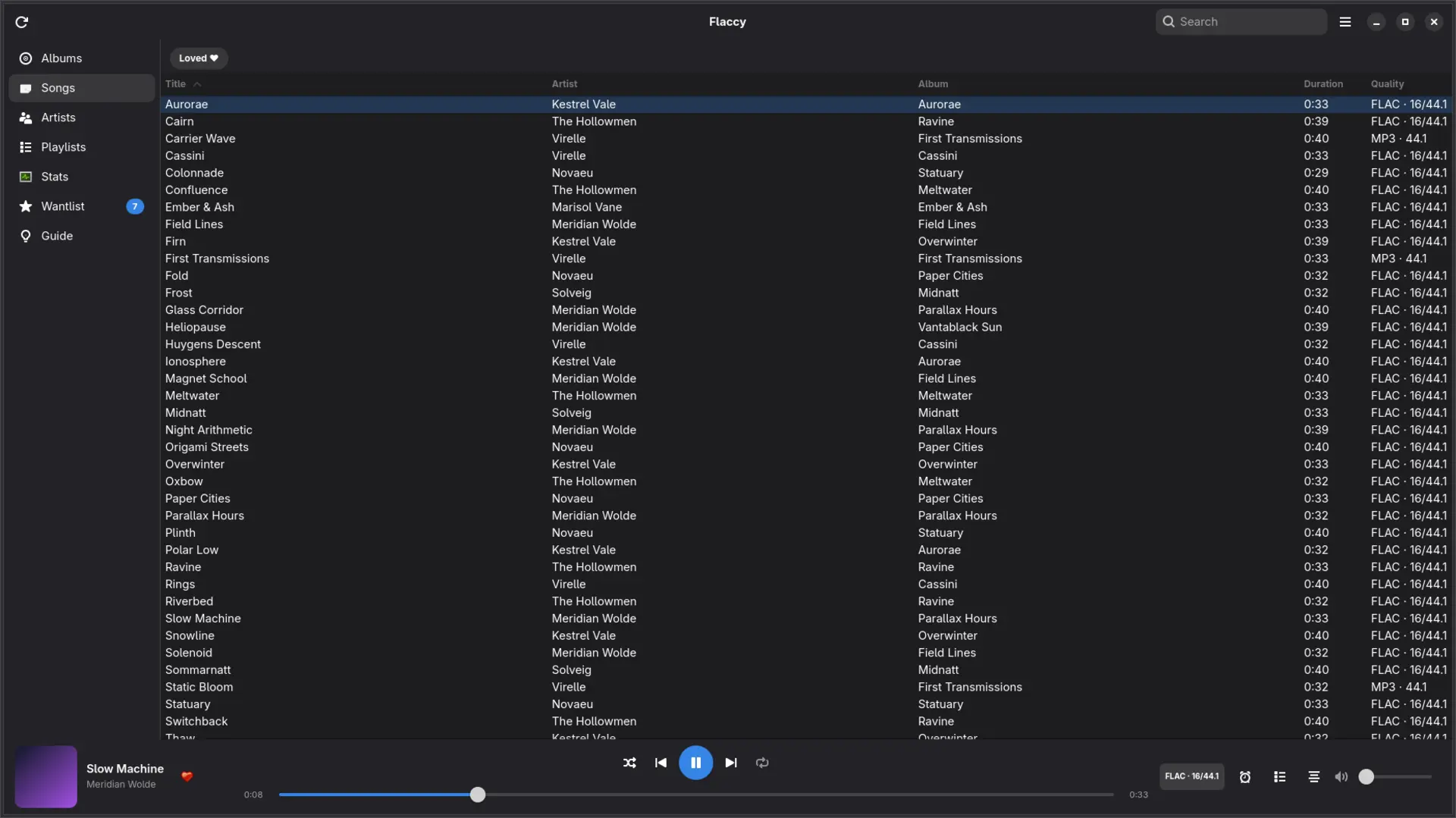 Flaccy — Every song with codec, quality, plays, and a Loved filter.