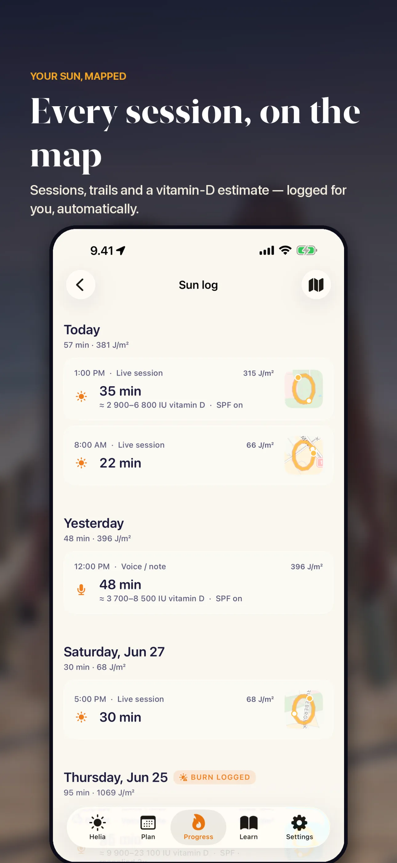 Helia — Every session on the map, with a vitamin-D estimate — logged automatically