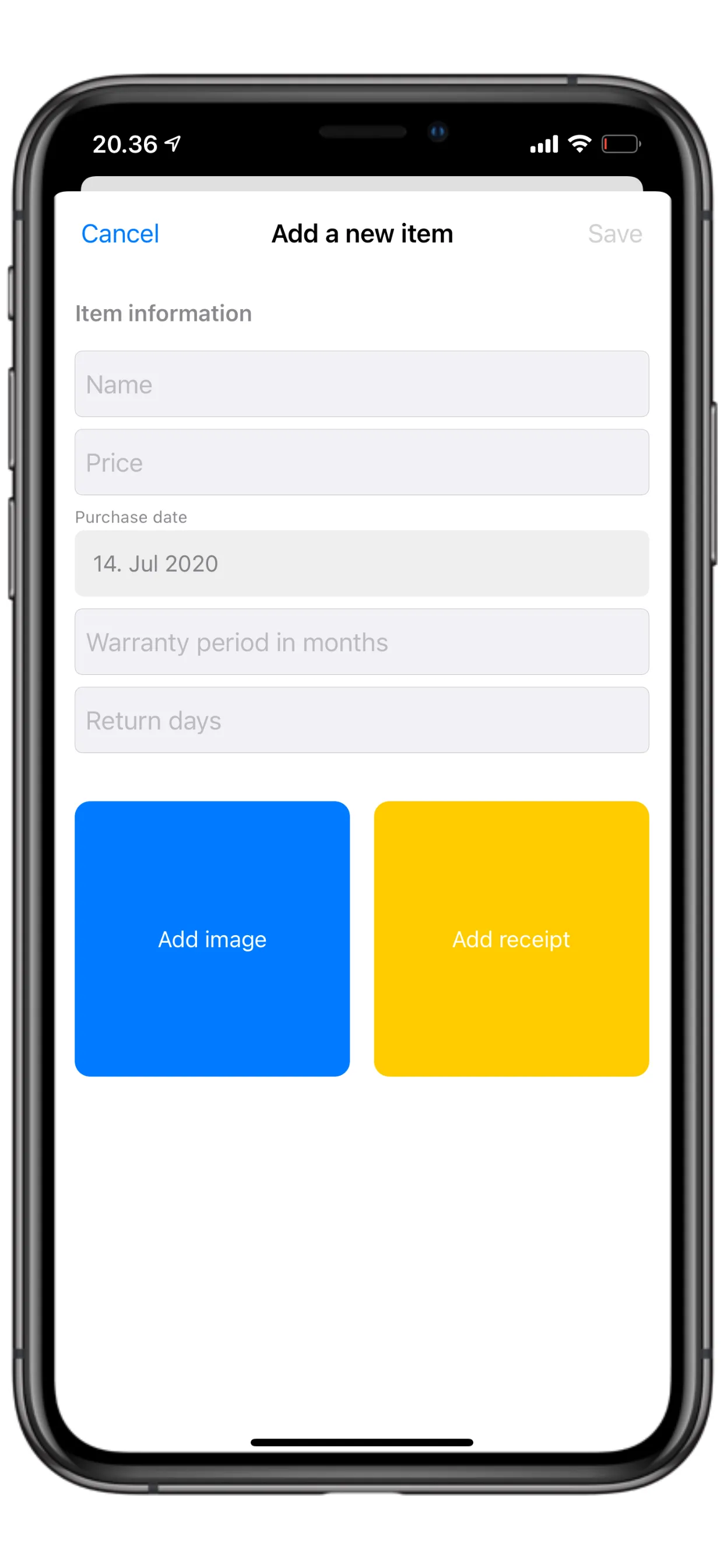 Master of Inventory — Add an item with photo and receipt