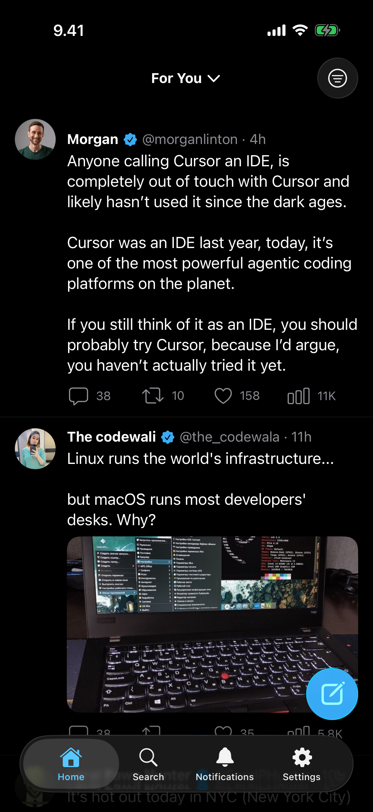 unrager on iPhone — Home in dark mode