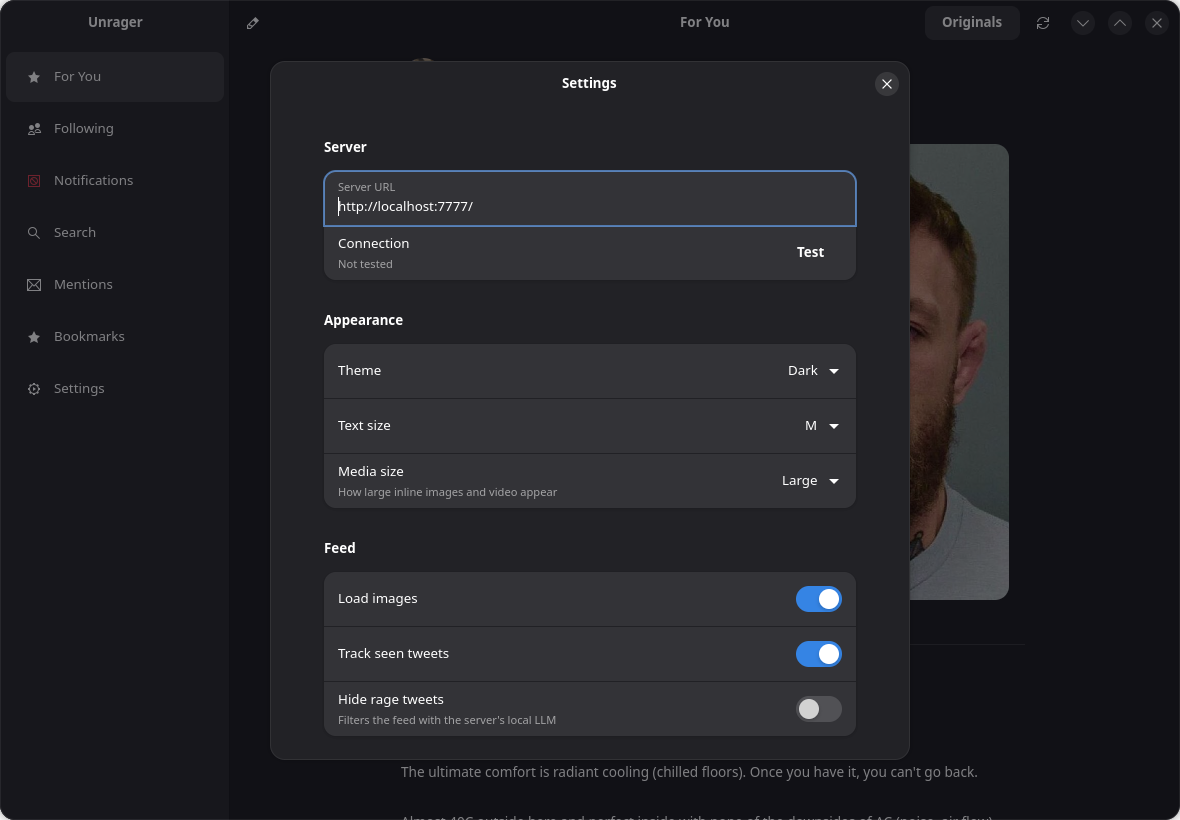 unrager on Linux — Settings, with adjustable text & media size