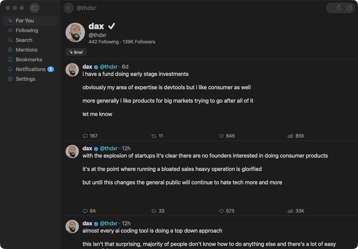 unrager on macOS — A profile timeline