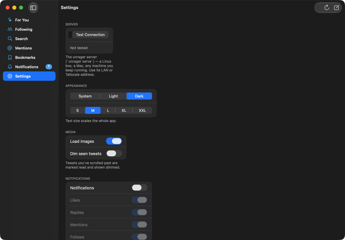 unrager on macOS — Settings, with adjustable text size