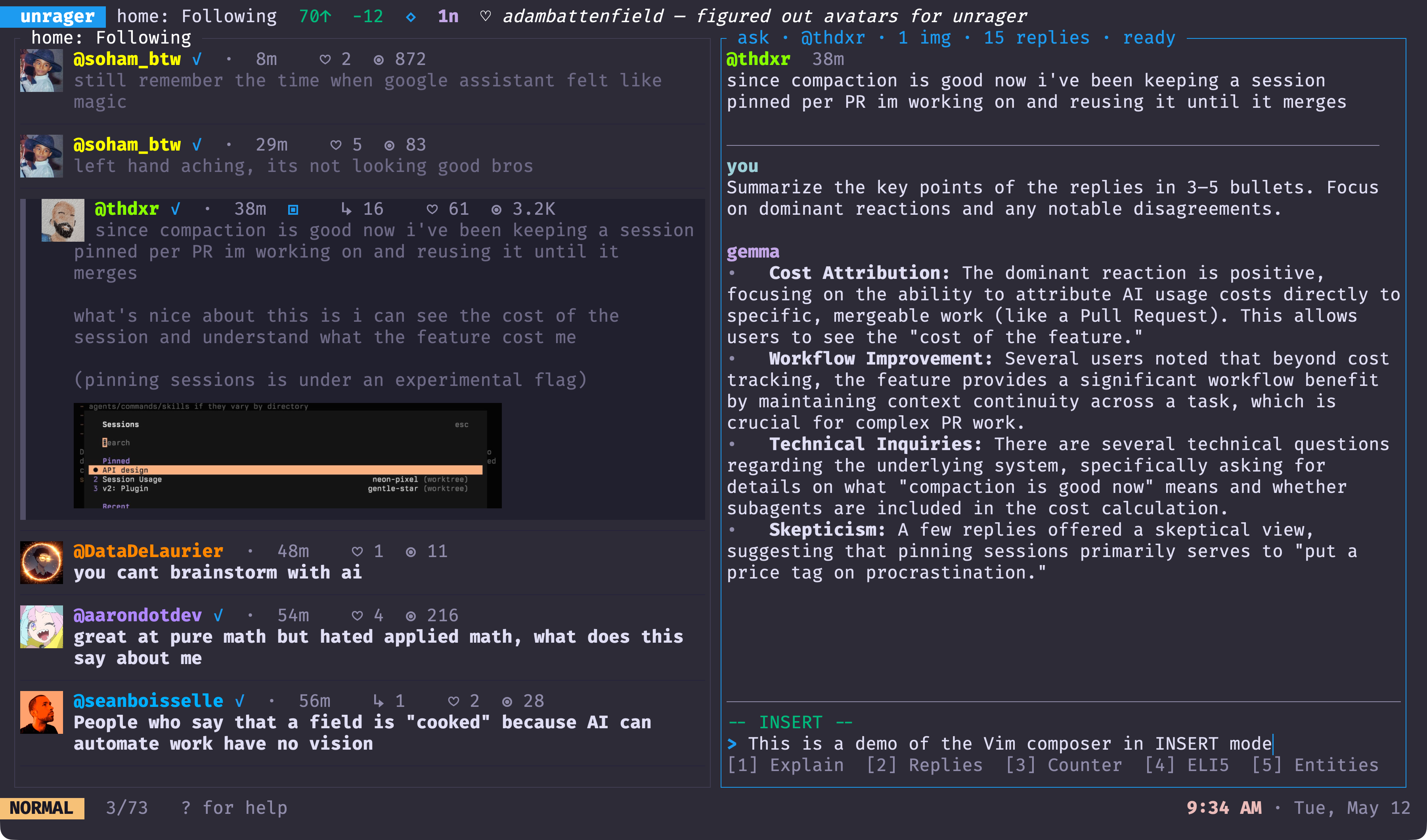 unrager in the terminal — Ask the local model while Vim composes underneath