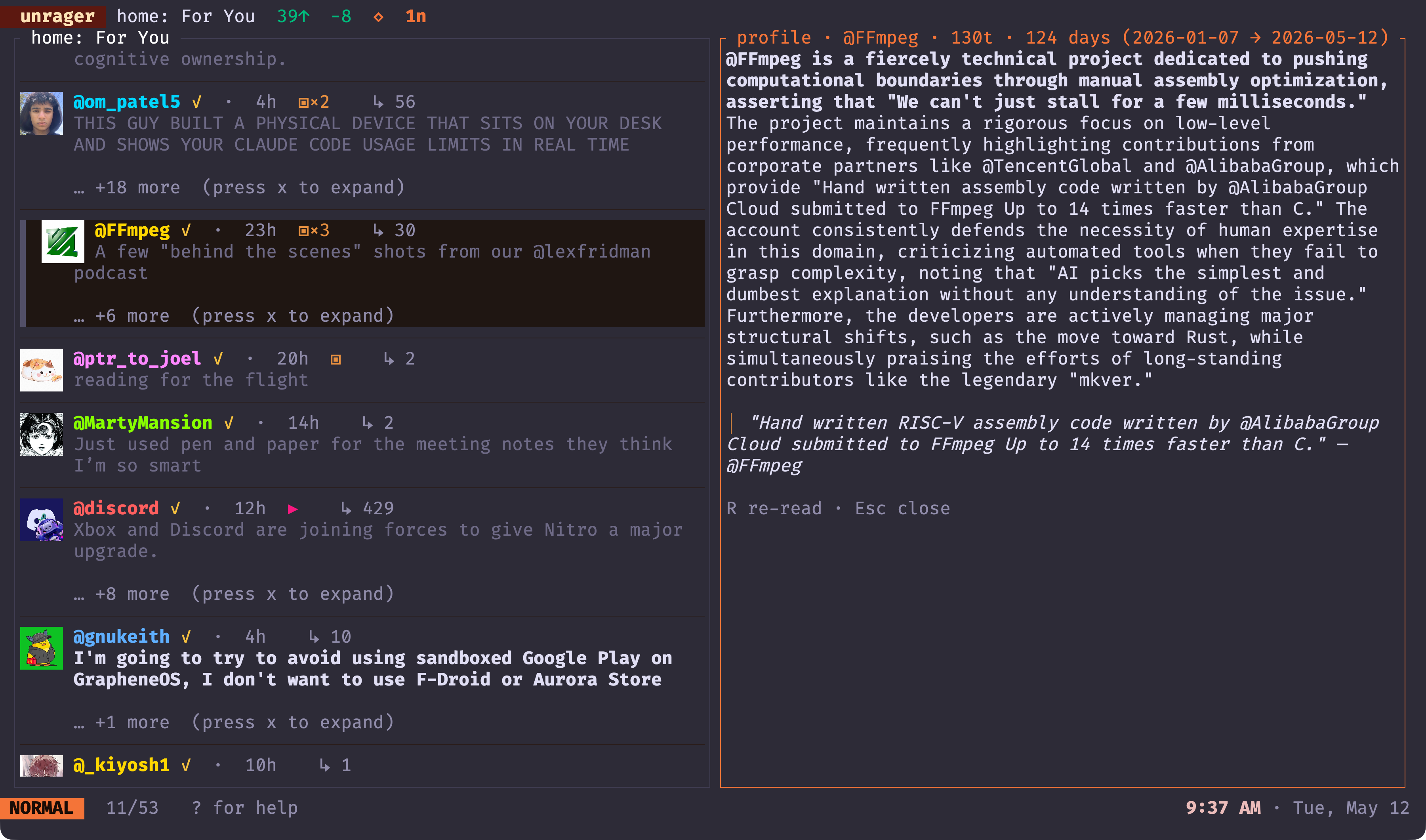 unrager in the terminal — A streamed profile brief