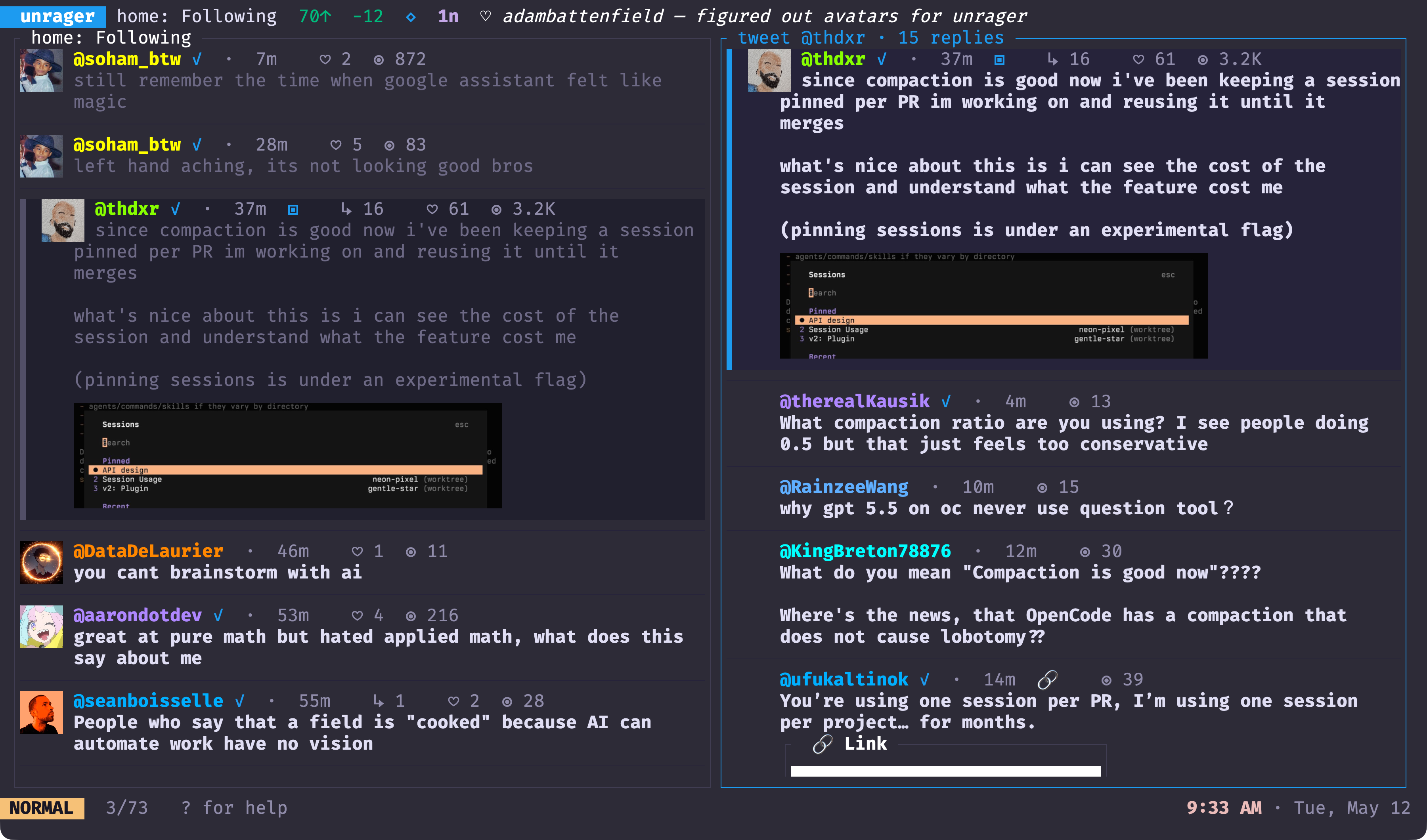 unrager in the terminal — Split-pane thread with inline media, rage filter ate 12