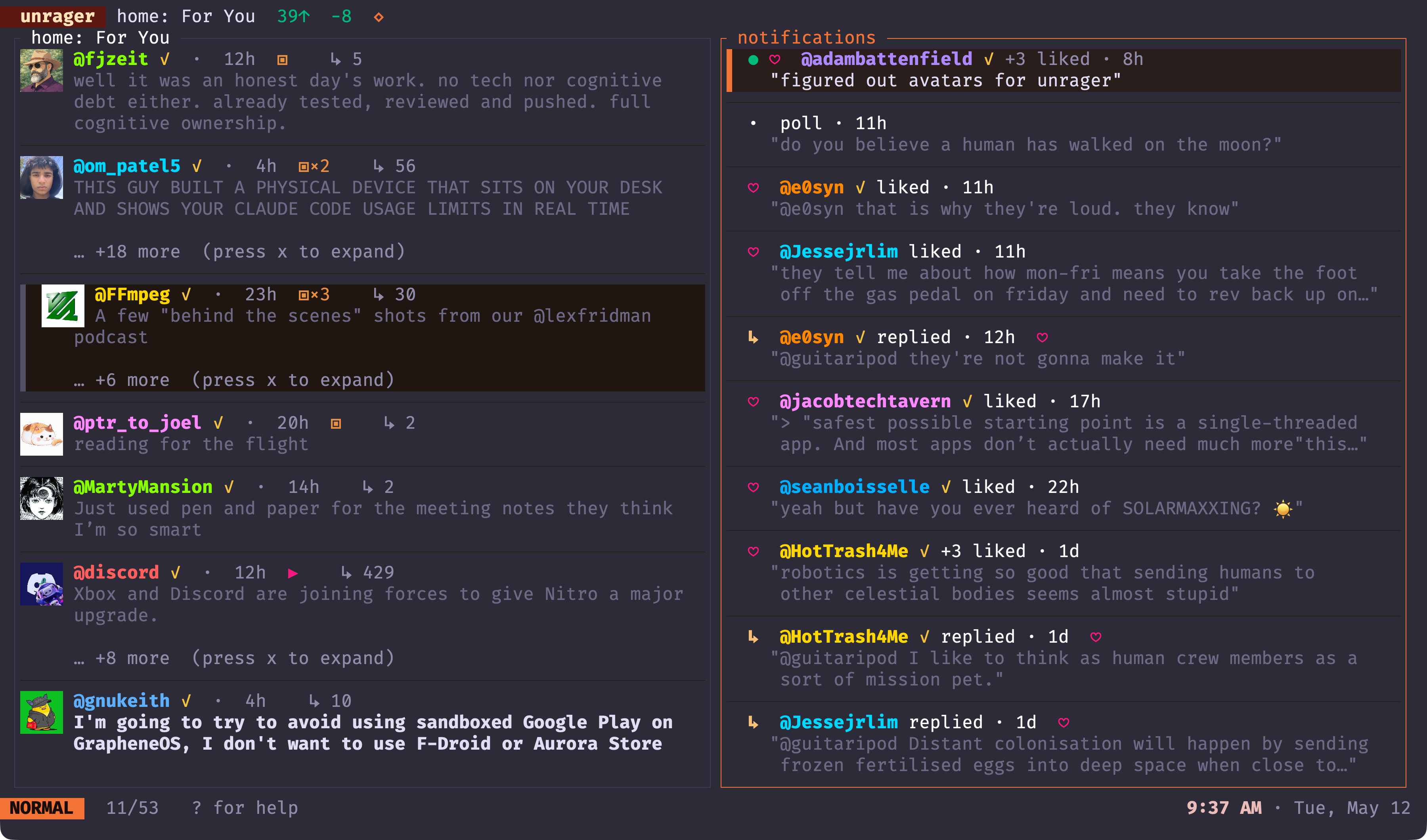 unrager in the terminal — Notifications with actor avatars